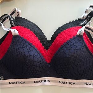 Nautica Women's Lace Bralette Set  lot of 3 - Black, Red, and Blue